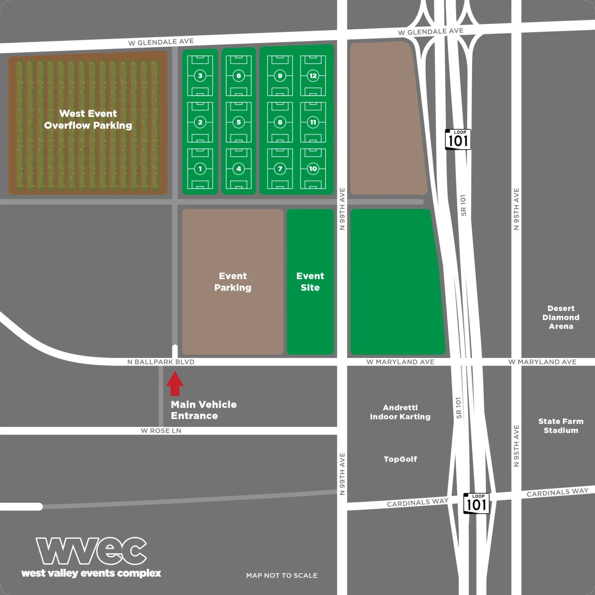 Site map of the West Valley Events Complex, not to scale. The event site and event parking sit side by side between N Ballpark Blvd and N 99th Ave, with the main vehicle entrance on N Ballpark Blvd. West event overflow parking is further west, off W Glendale Ave. Loop 101, Desert Diamond Arena, State Farm Stadium, TopGolf and Andretti Indoor Karting lie to the east.